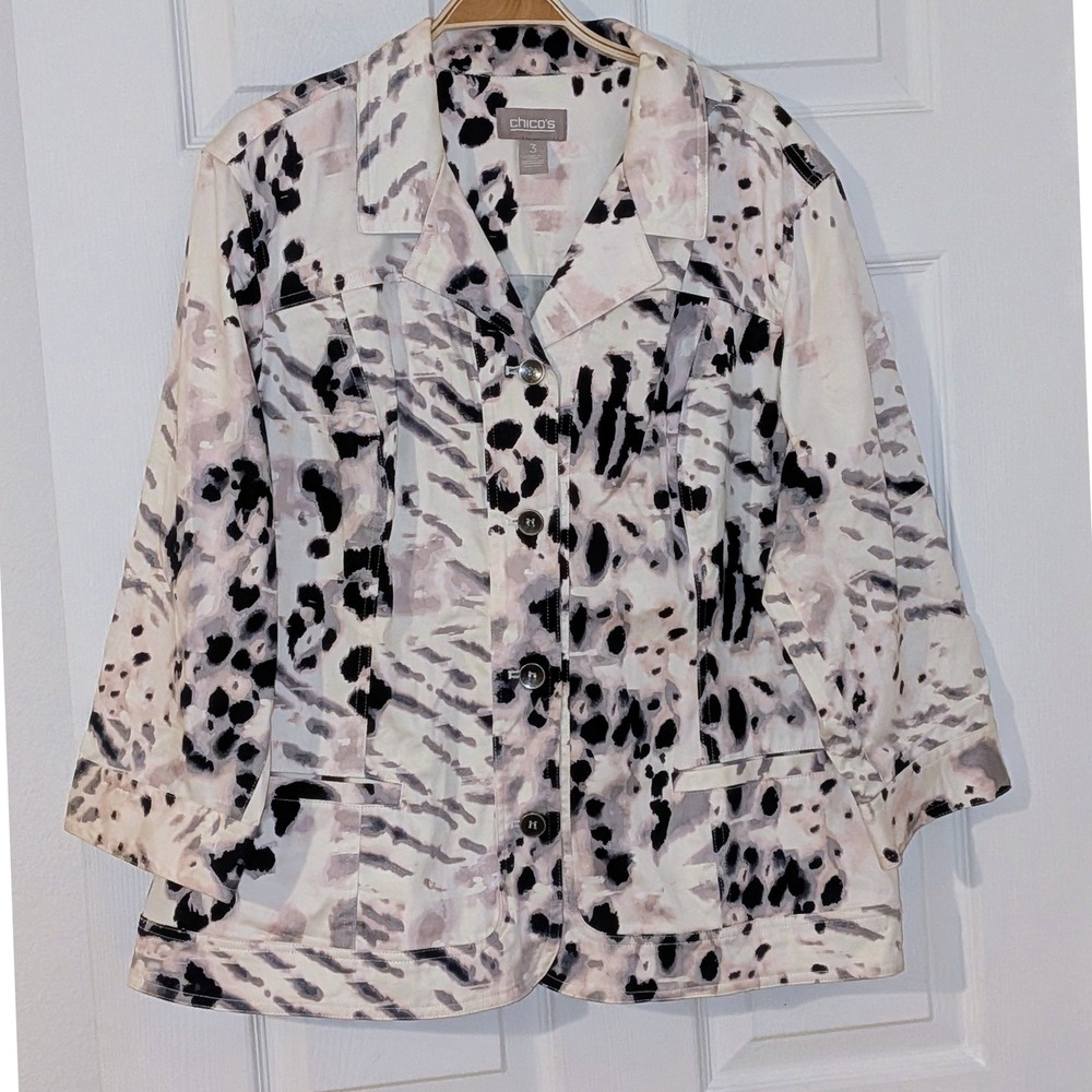 Chicos Abstract Animal Print Button Front Jacket Black White Pink Size 14/16 XL